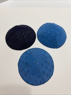 Set of 3 Circular Embossed Suede Kippah’s  in Blue and Navy